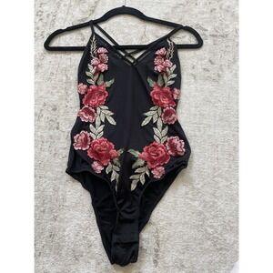 SEEK‎ The Label Black Bodysuit W/ Embroidered Floral Open Back Adj Straps XS
